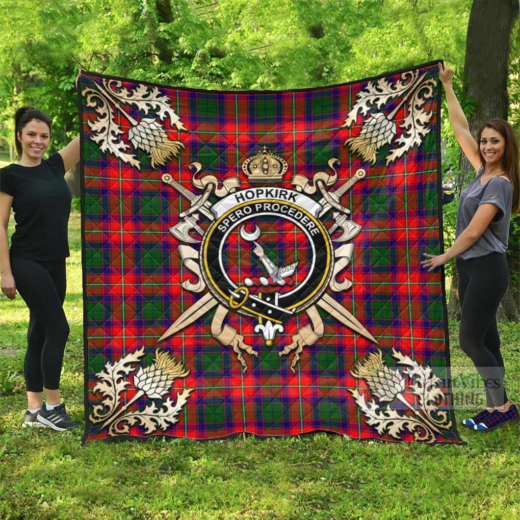 Tartan Vibes Clothing Hopkirk Tartan Quilt with Family Crest and Scottish Golden Courage Shield