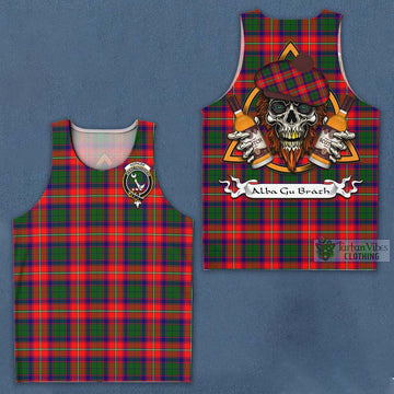 Hopkirk Tartan Men's Tank Top with Family Crest and Bearded Skull Holding Bottles of Whiskey