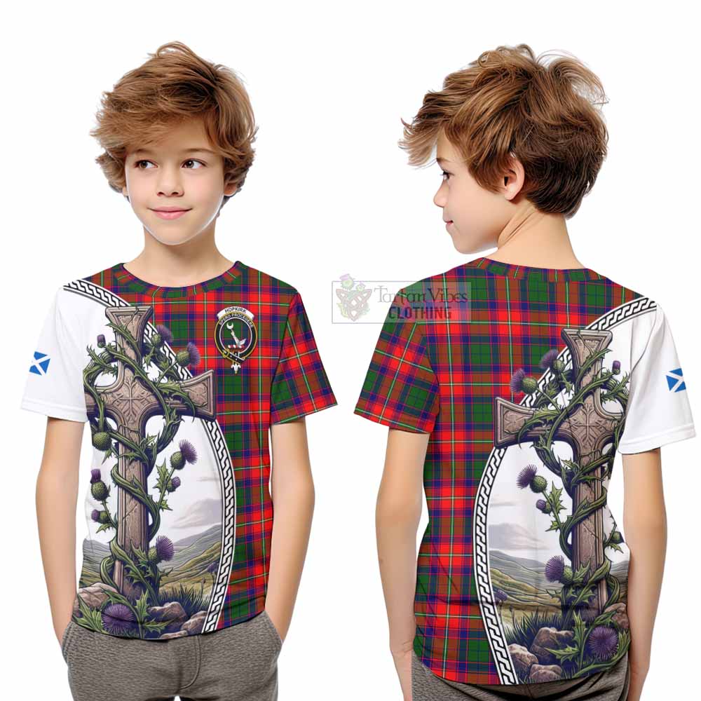 Tartan Vibes Clothing Hopkirk Tartan Kid T-Shirt with Family Crest and St. Andrew's Cross Accented by Thistle Vines