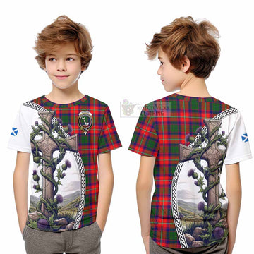 Hopkirk Tartan Kid T-Shirt with Family Crest and St. Andrew's Cross Accented by Thistle Vines