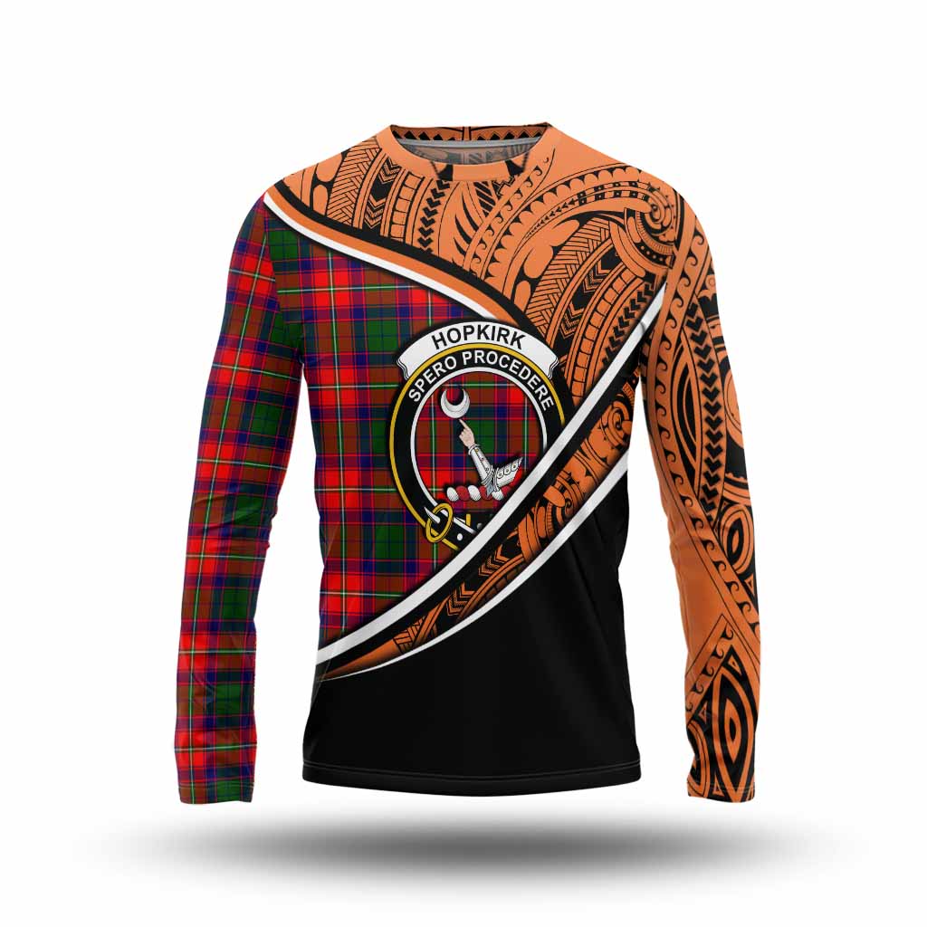 Tartan Vibes Clothing Hopkirk Crest Tartan Long Sleeve T-Shirt with Maori Tattoo Style - Orange Version