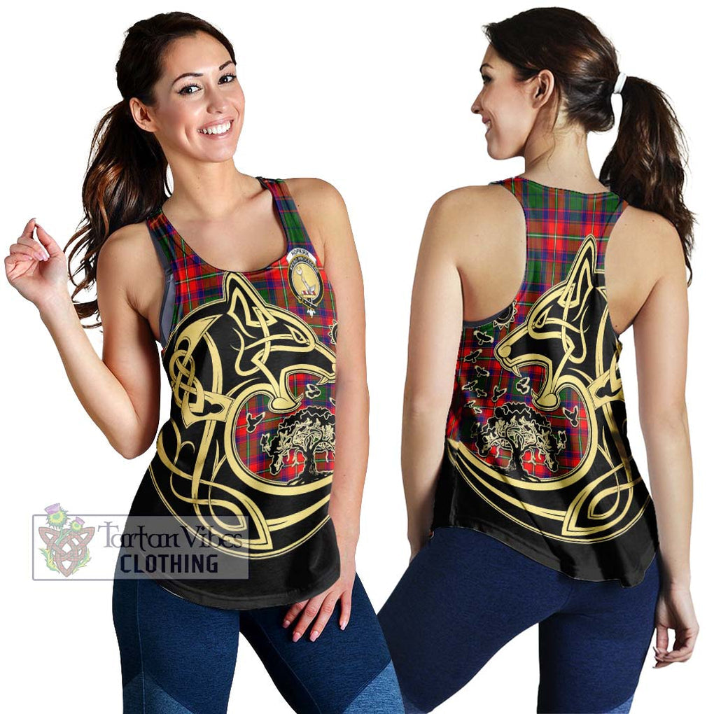 Hopkirk Tartan Women's Racerback Tanks with Family Crest Celtic Wolf Style 4XL - Tartan Vibes Clothing