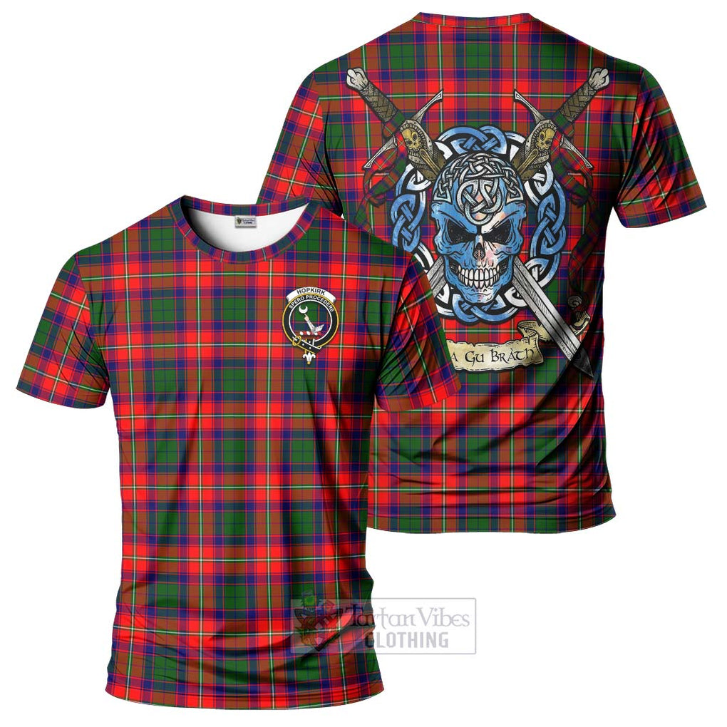 Tartan Vibes Clothing Hopkirk Tartan T-Shirt with Family Crest Celtic Skull Style