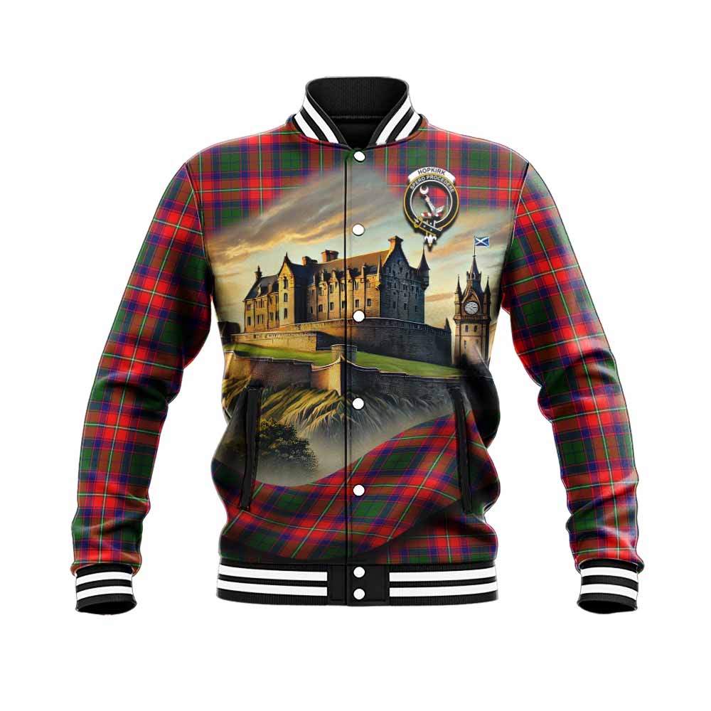 Hopkirk Tartan Family Crest Baseball Jacket with Scottish Ancient Castle Style Unisex - Tartan Vibes Clothing