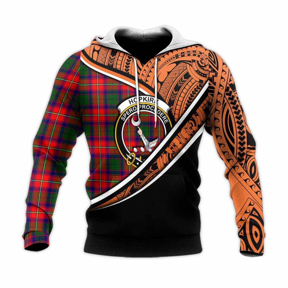 Tartan Vibes Clothing Hopkirk Crest Tartan Knitted Hoodie with Maori Tattoo Style - Orange Version