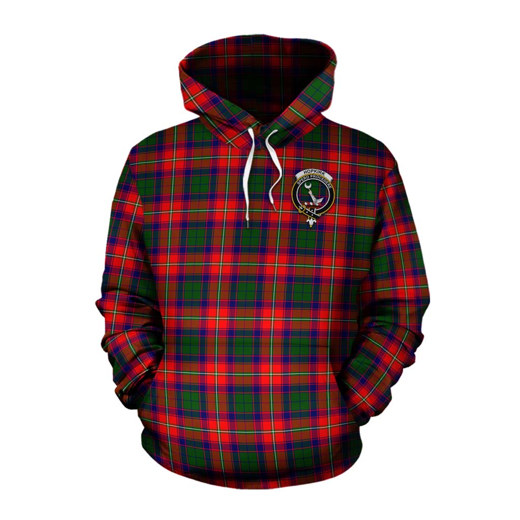 Tartan Vibes Clothing Hopkirk Tartan Cotton Hoodie with Family Crest and Bearded Skull Holding Bottles of Whiskey