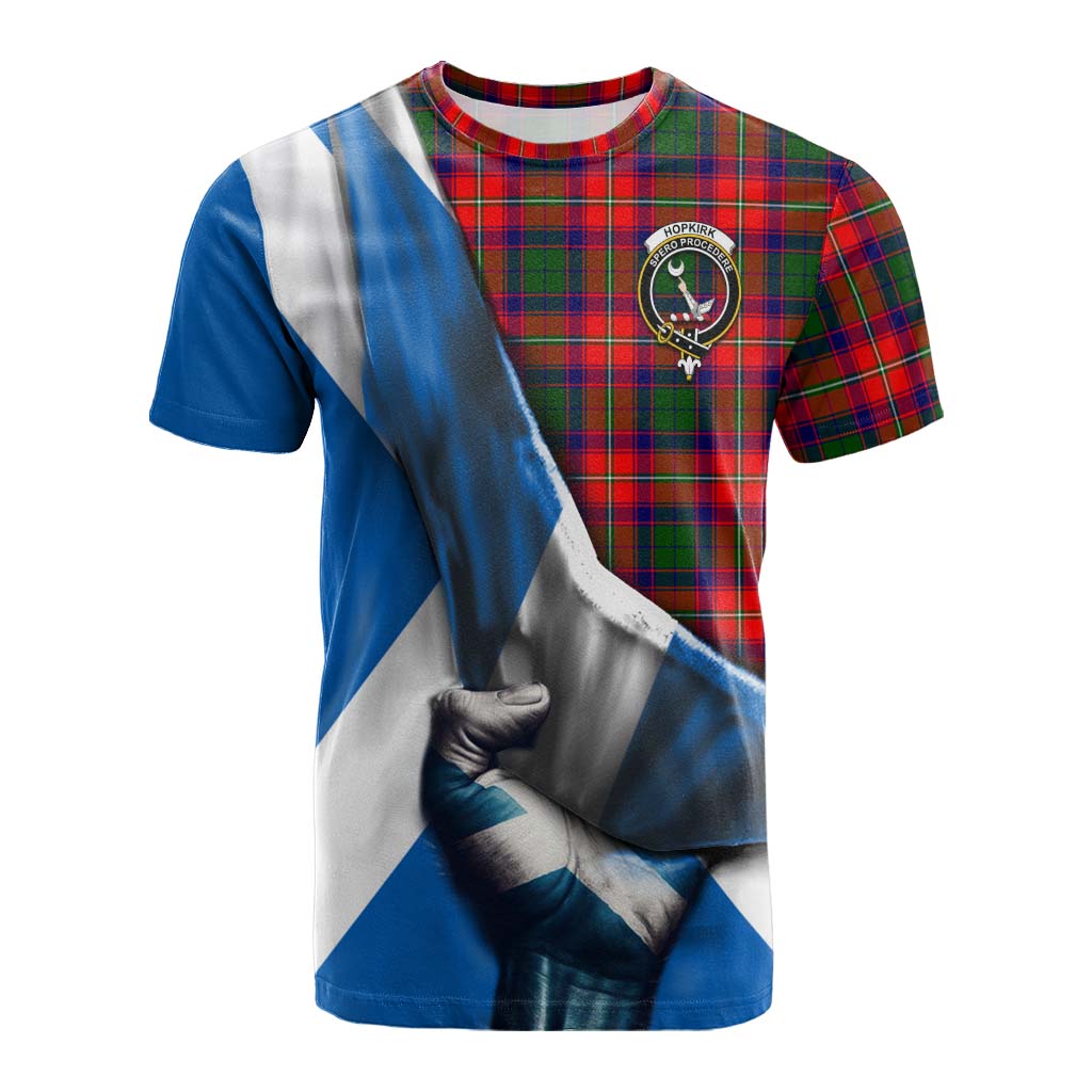 Tartan Vibes Clothing Hopkirk Tartan Cotton T-shirt with Family Crest Scotland Patriotic Style