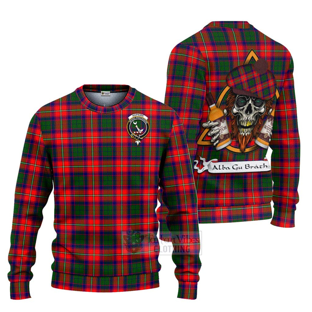 Tartan Vibes Clothing Hopkirk Tartan Knitted Sweater with Family Crest and Bearded Skull Holding Bottles of Whiskey