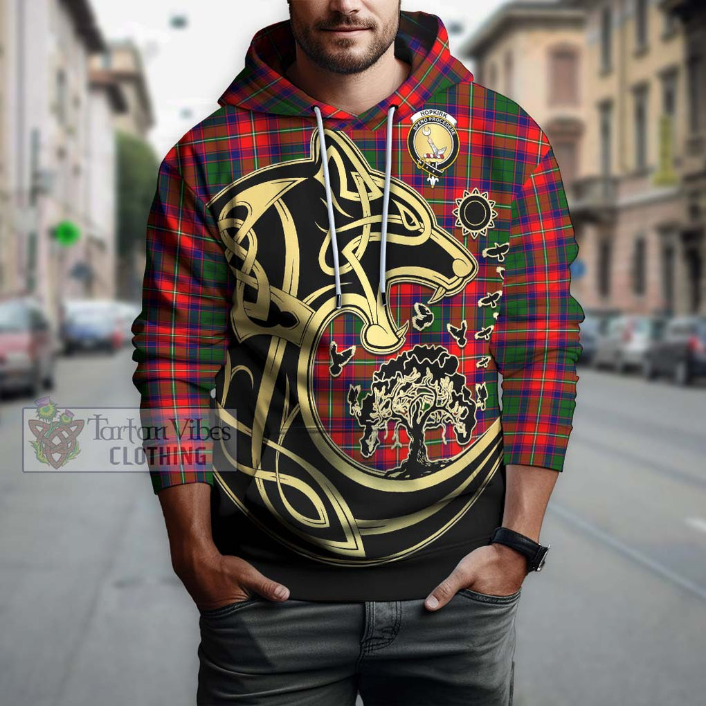 Hopkirk Tartan Hoodie with Family Crest Celtic Wolf Style Zip Hoodie - Tartan Vibes Clothing