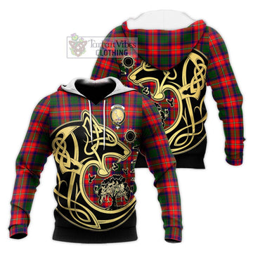 Hopkirk Tartan Knitted Hoodie with Family Crest Celtic Wolf Style