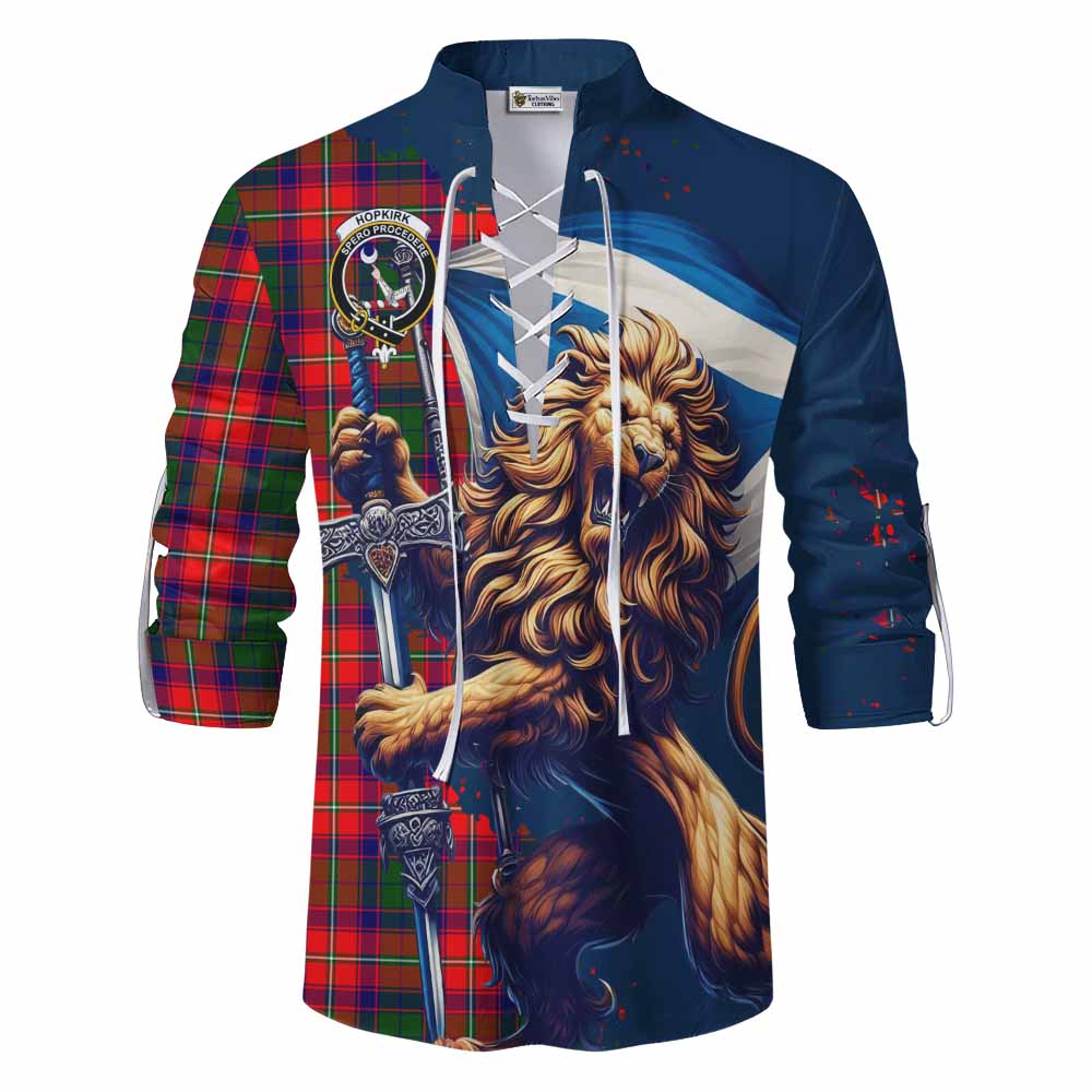 Tartan Vibes Clothing Hopkirk Tartan Family Crest Ghillie Kilt Shirt with Scottish Majestic Lion