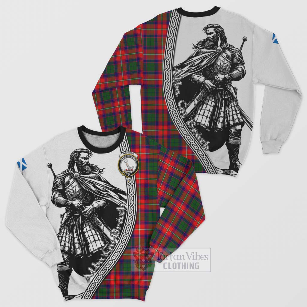 Tartan Vibes Clothing Hopkirk Tartan Clan Crest Sweatshirt with Highlander Warrior Celtic Style