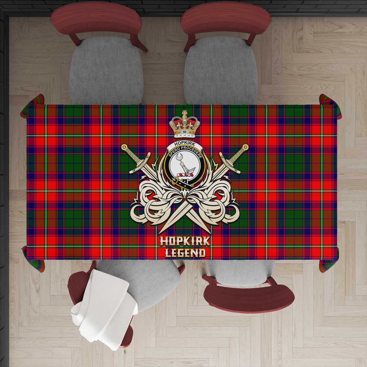 Tartan Vibes Clothing Hopkirk Tartan Tablecloth with Clan Crest and the Golden Sword of Courageous Legacy