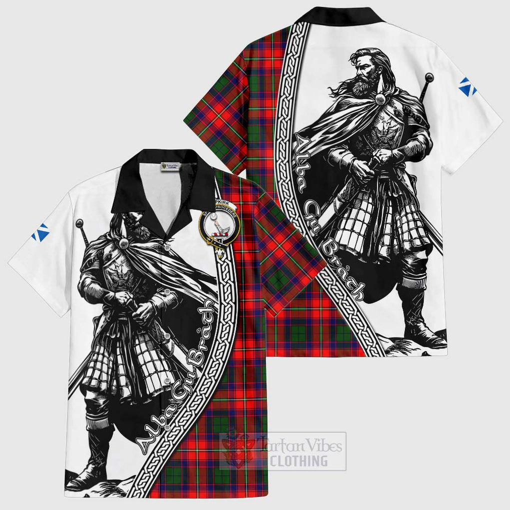 Tartan Vibes Clothing Hopkirk Tartan Clan Crest Short Sleeve Button Shirt with Highlander Warrior Celtic Style