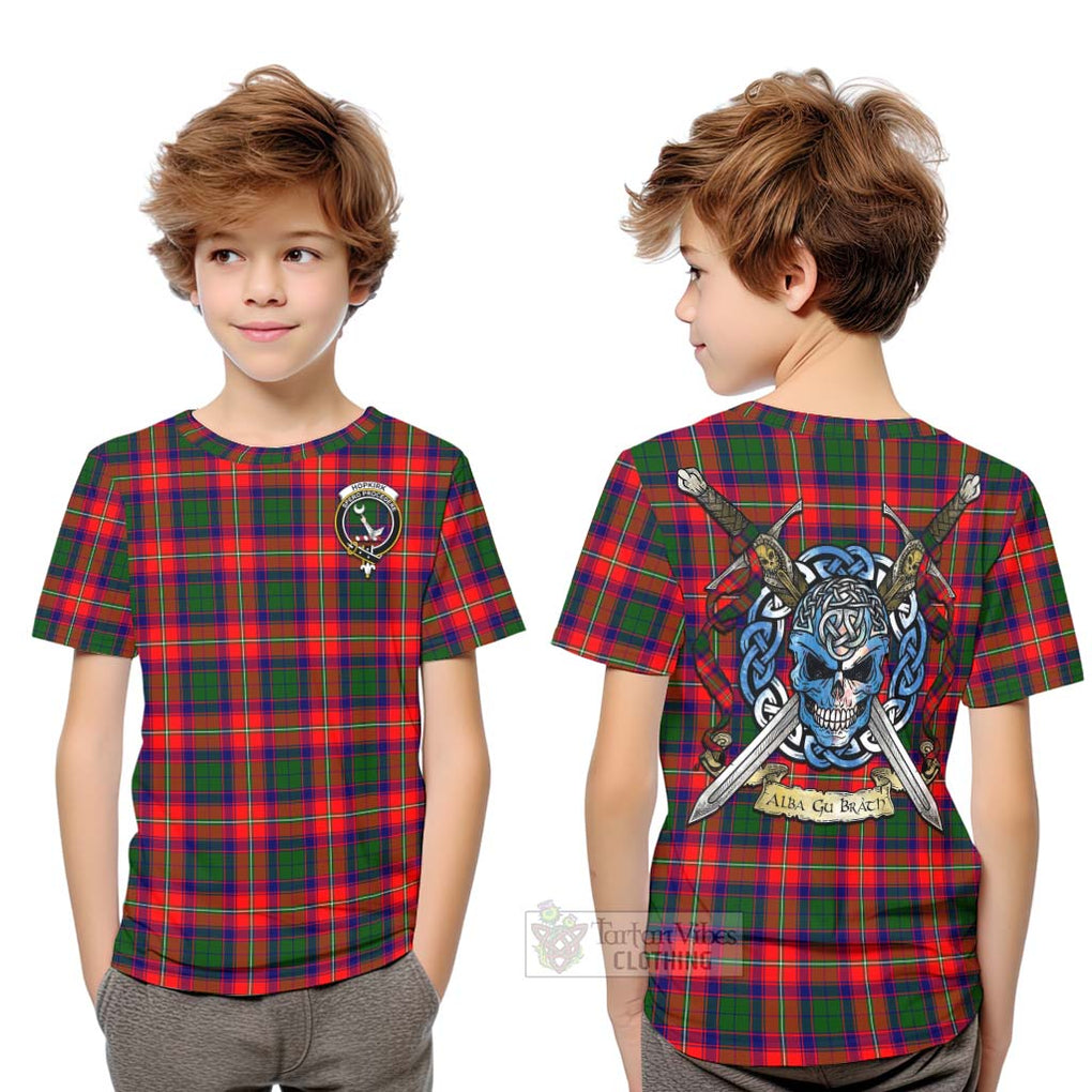 Tartan Vibes Clothing Hopkirk Tartan Kid T-Shirt with Family Crest Celtic Skull Style