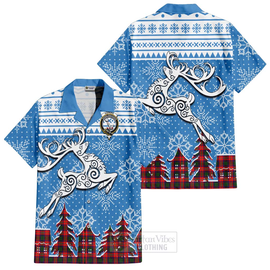 Tartan Vibes Clothing Hopkirk Clan Christmas Short Sleeve Button Shirt Celtic Reindeer Style