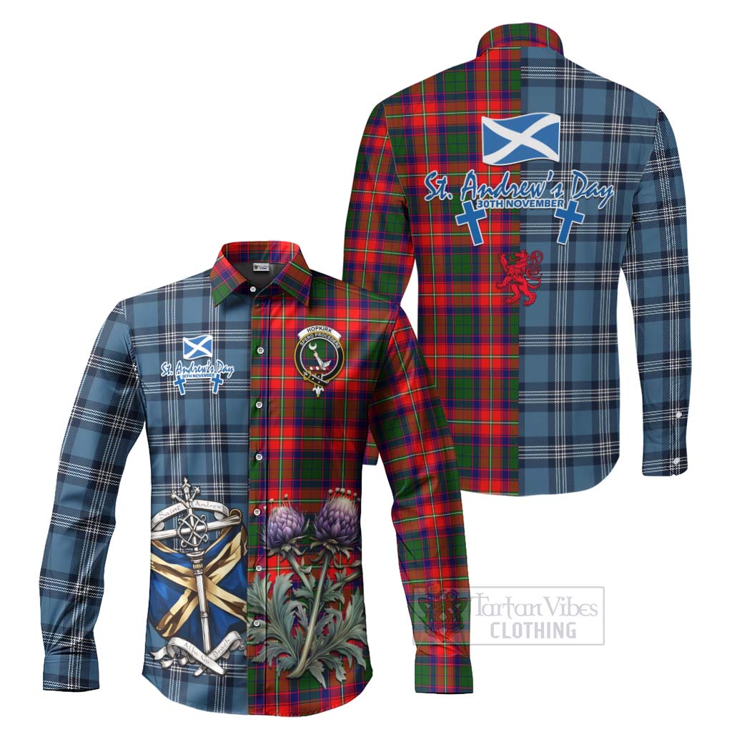 Tartan Vibes Clothing Hopkirk Tartan Long Sleeve Button Shirt Happy St. Andrew's Day Half Tartan Style