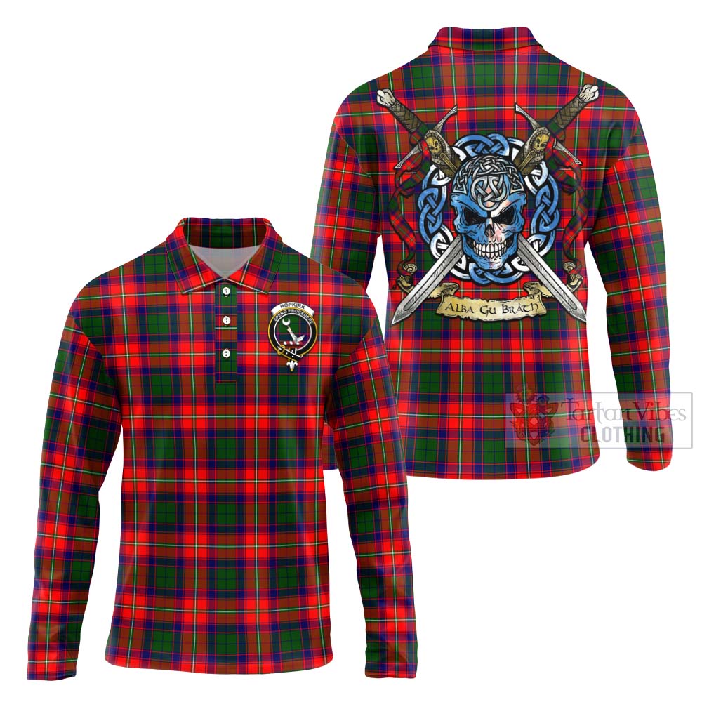 Tartan Vibes Clothing Hopkirk Tartan Long Sleeve Polo Shirt with Family Crest Celtic Skull Style