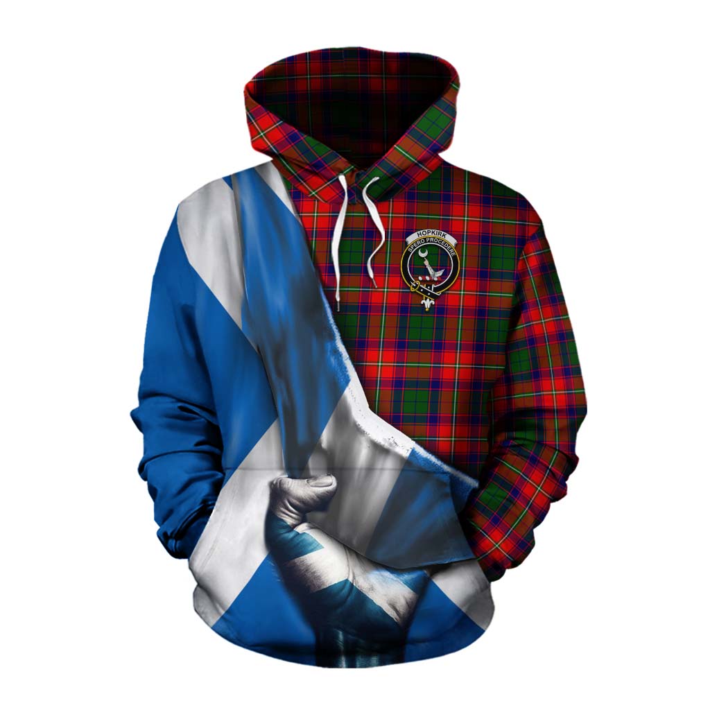 Tartan Vibes Clothing Hopkirk Tartan Cotton Hoodie with Family Crest Scotland Patriotic Style