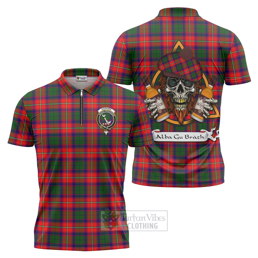 Tartan Vibes Clothing Hopkirk Tartan Zipper Polo Shirt with Family Crest and Bearded Skull Holding Bottles of Whiskey