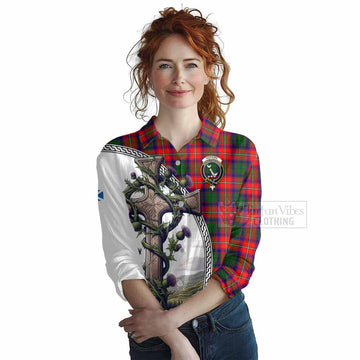 Hopkirk Tartan Women's Casual Shirt with Family Crest and St. Andrew's Cross Accented by Thistle Vines