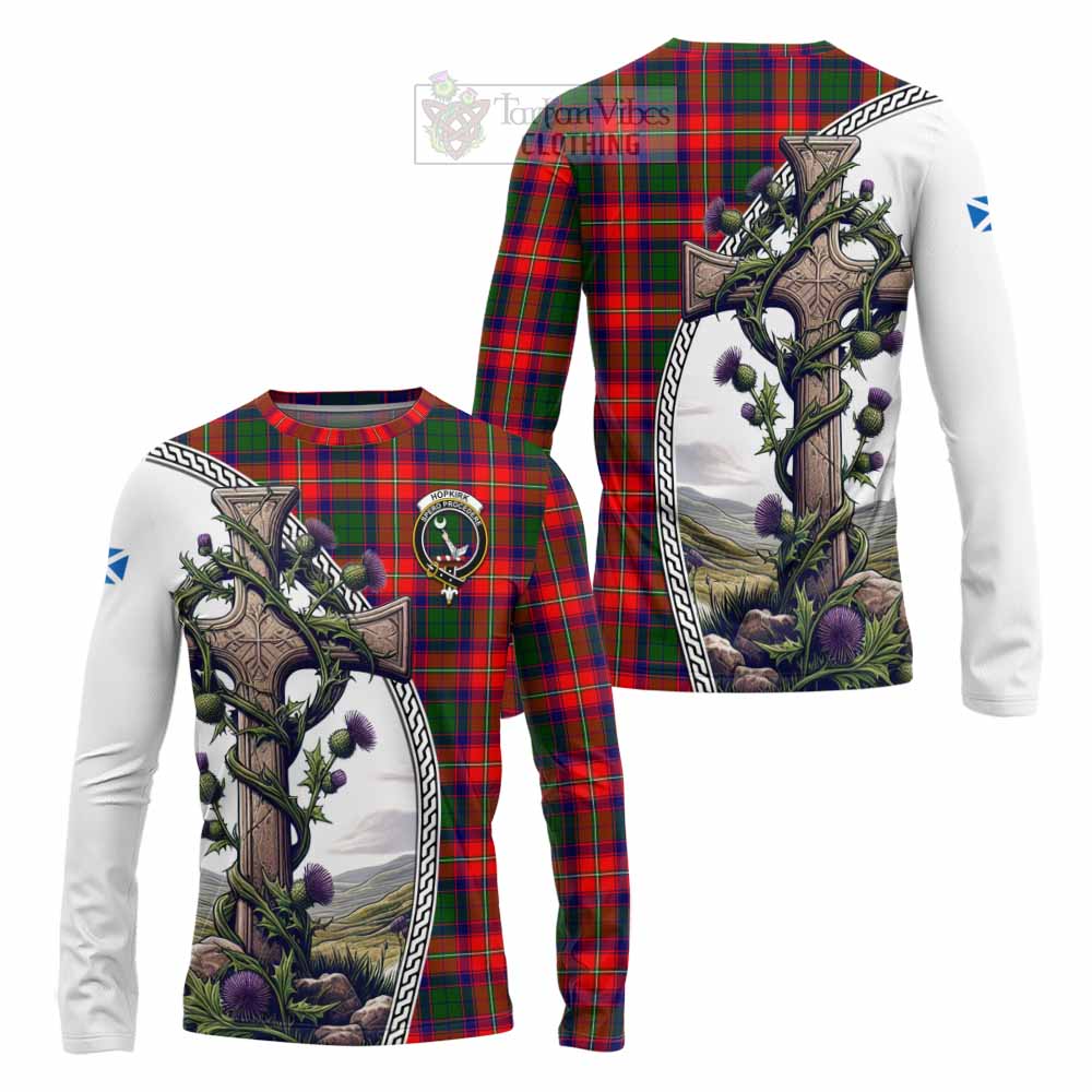 Tartan Vibes Clothing Hopkirk Tartan Long Sleeve T-Shirt with Family Crest and St. Andrew's Cross Accented by Thistle Vines