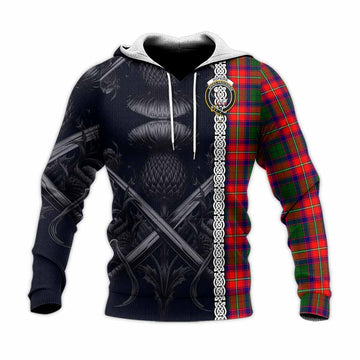 Hopkirk Tartan Knitted Hoodie with Family Crest Cross Sword Thistle Celtic Vibes