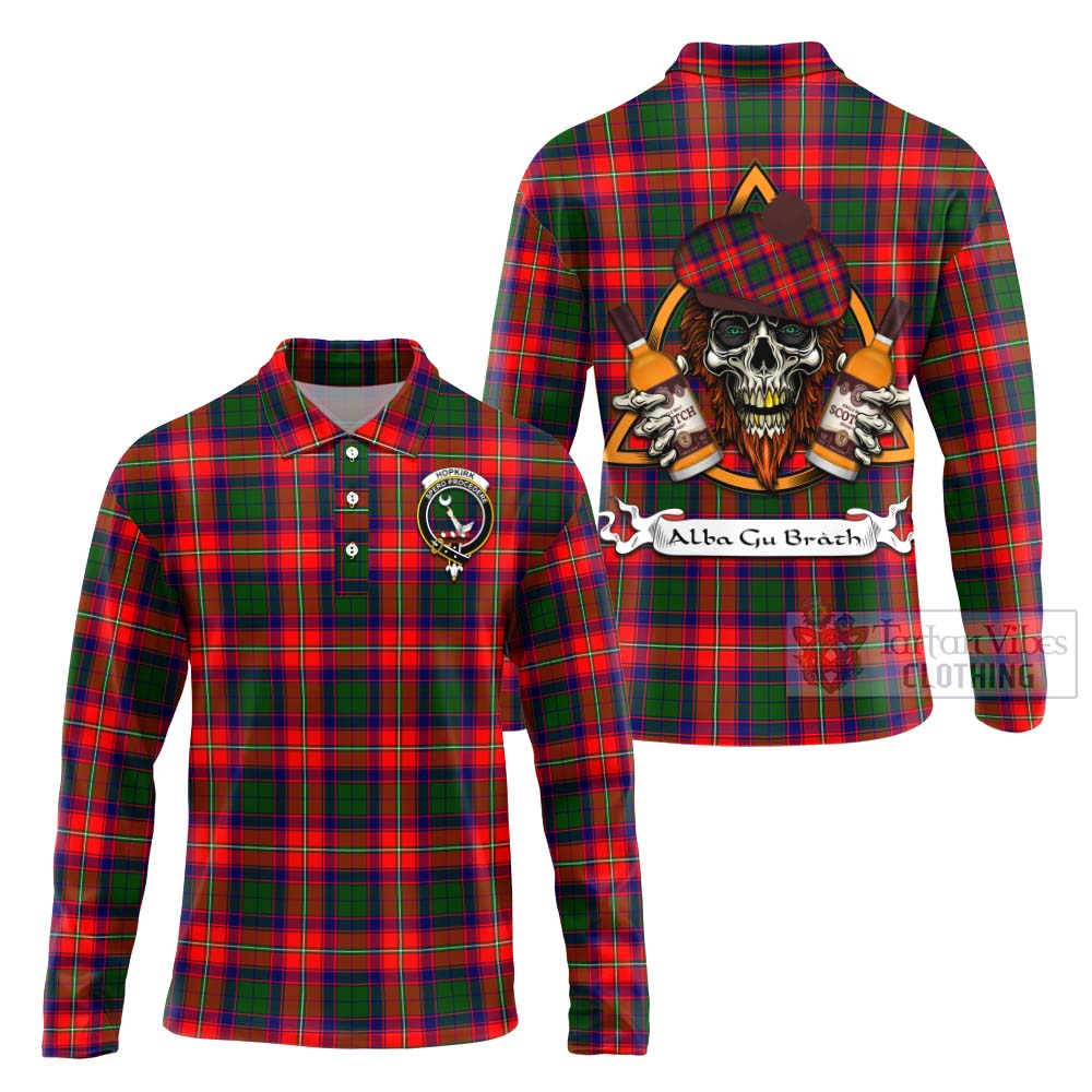 Tartan Vibes Clothing Hopkirk Tartan Long Sleeve Polo Shirt with Family Crest and Bearded Skull Holding Bottles of Whiskey