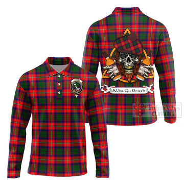 Hopkirk Tartan Long Sleeve Polo Shirt with Family Crest and Bearded Skull Holding Bottles of Whiskey