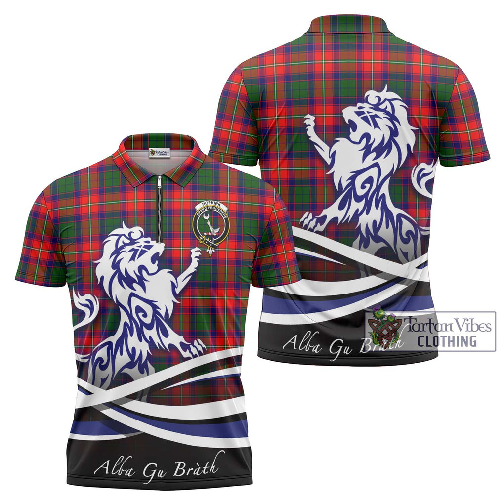 Hopkirk Tartan Zipper Polo Shirt with Alba Gu Brath Regal Lion Emblem Unisex - Tartanvibesclothing Shop