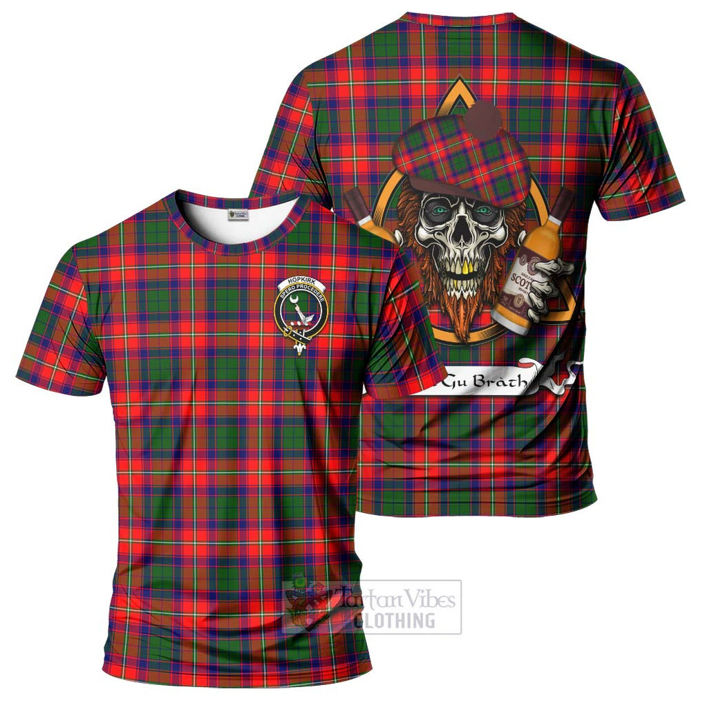 Tartan Vibes Clothing Hopkirk Tartan T-Shirt with Family Crest and Bearded Skull Holding Bottles of Whiskey