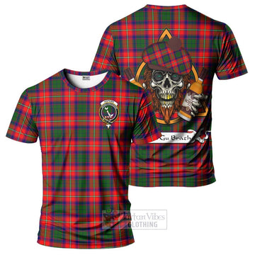 Hopkirk Tartan T-Shirt with Family Crest and Bearded Skull Holding Bottles of Whiskey