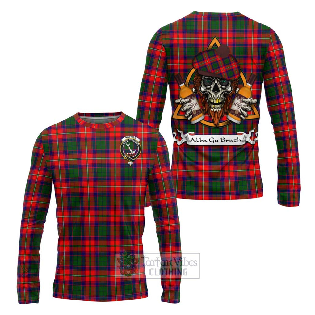 Tartan Vibes Clothing Hopkirk Tartan Long Sleeve T-Shirt with Family Crest and Bearded Skull Holding Bottles of Whiskey