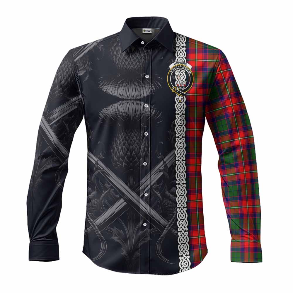 Tartan Vibes Clothing Hopkirk Tartan Long Sleeve Button Shirt with Family Crest Cross Sword Thistle Celtic Vibes