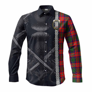 Hopkirk Tartan Long Sleeve Button Shirt with Family Crest Cross Sword Thistle Celtic Vibes