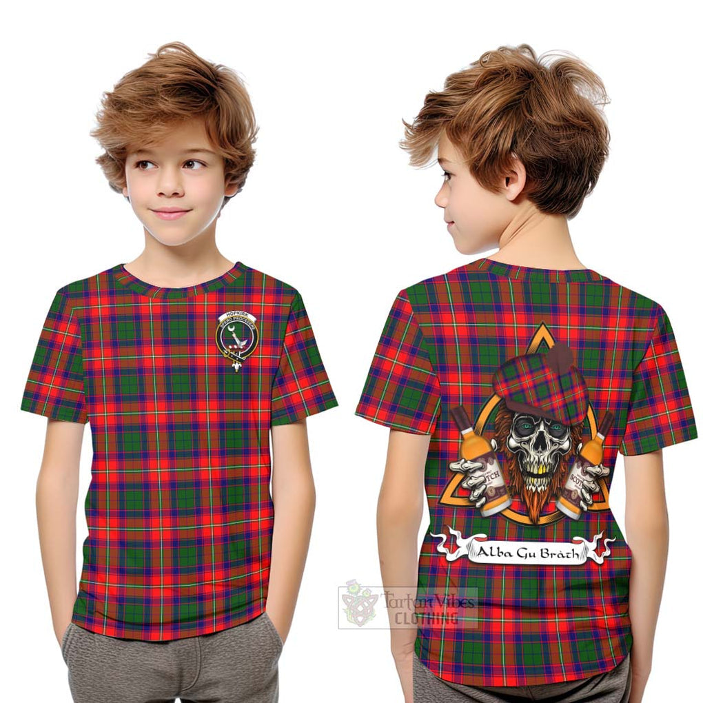 Tartan Vibes Clothing Hopkirk Tartan Kid T-Shirt with Family Crest and Bearded Skull Holding Bottles of Whiskey