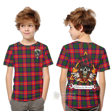 Hopkirk Tartan Kid T-Shirt with Family Crest and Bearded Skull Holding Bottles of Whiskey