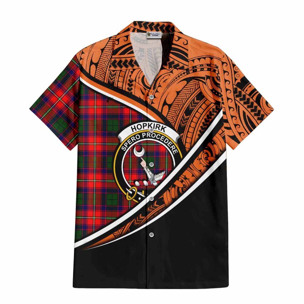 Tartan Vibes Clothing Hopkirk Crest Tartan Short Sleeve Button Shirt with Maori Tattoo Style - Orange Version