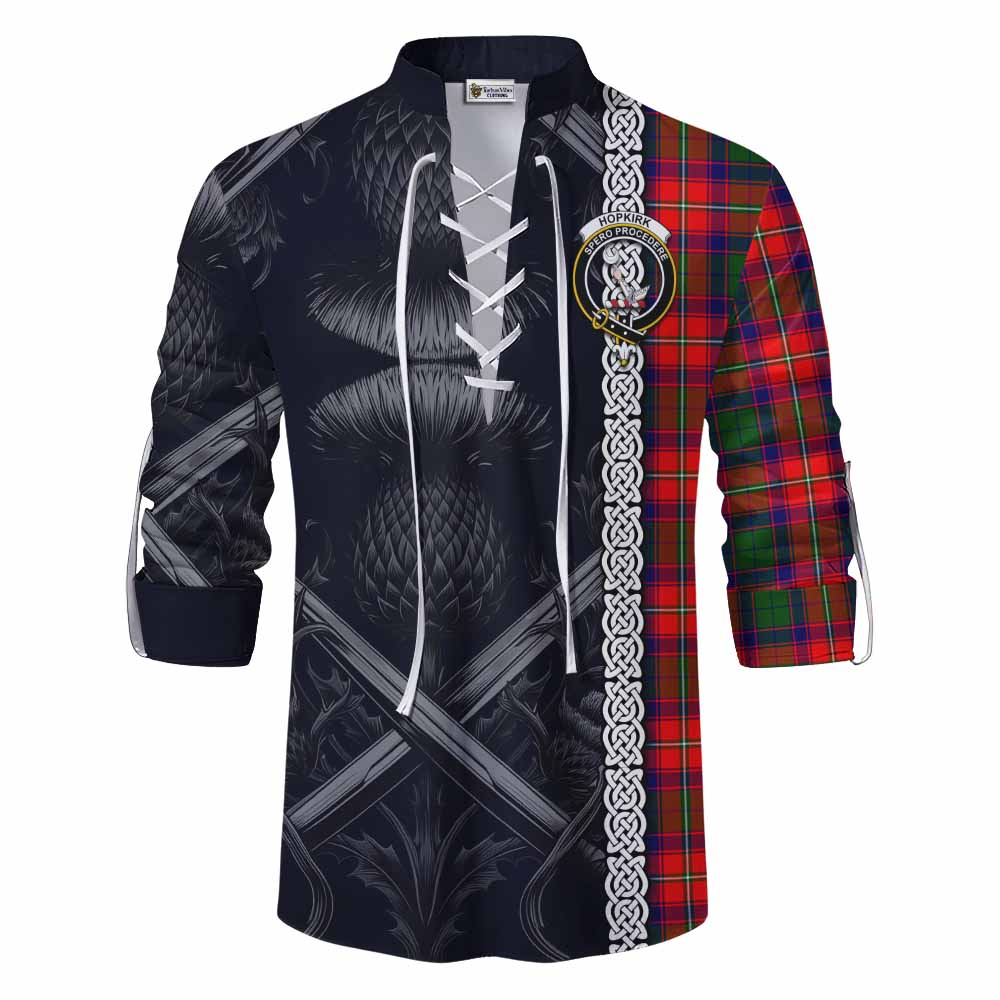 Tartan Vibes Clothing Hopkirk Tartan Ghillie Kilt Shirt with Family Crest Cross Sword Thistle Celtic Vibes