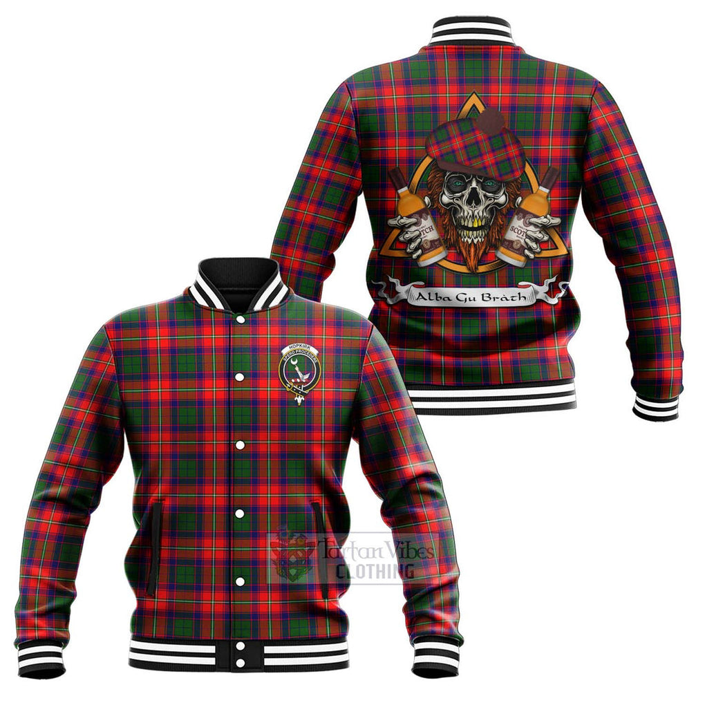 Tartan Vibes Clothing Hopkirk Tartan Baseball Jacket with Family Crest and Bearded Skull Holding Bottles of Whiskey