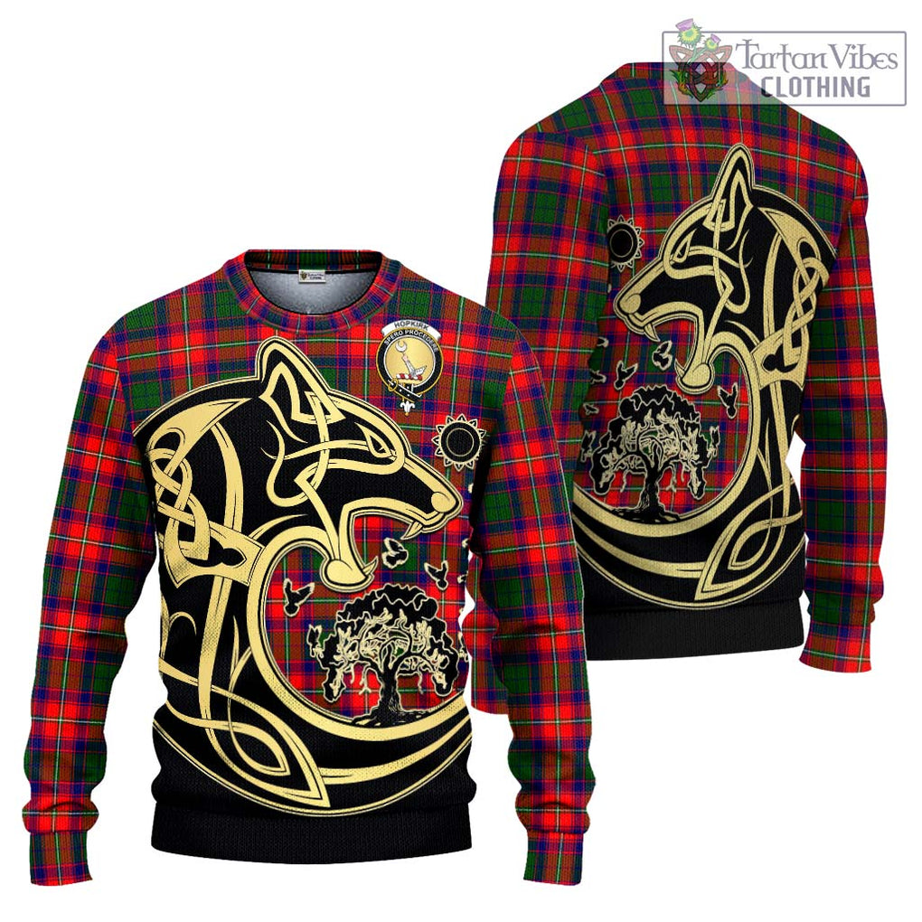 Hopkirk Tartan Knitted Sweater with Family Crest Celtic Wolf Style Unisex - Tartan Vibes Clothing