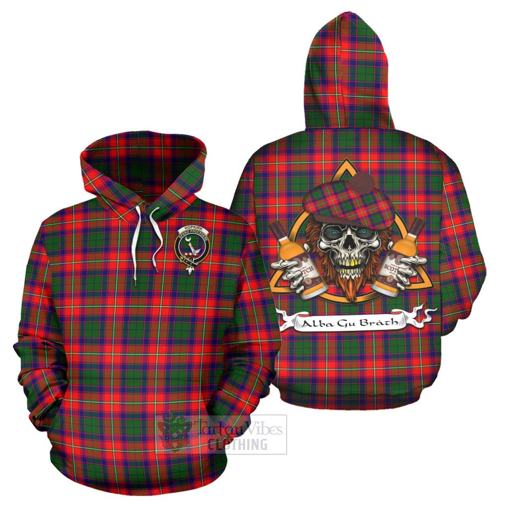 Tartan Vibes Clothing Hopkirk Tartan Hoodie with Family Crest and Bearded Skull Holding Bottles of Whiskey