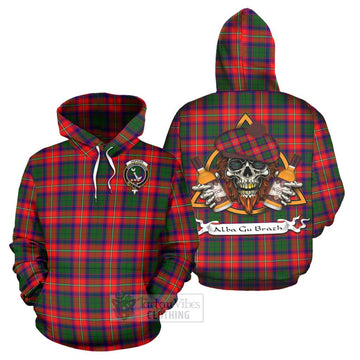 Hopkirk Tartan Hoodie with Family Crest and Bearded Skull Holding Bottles of Whiskey