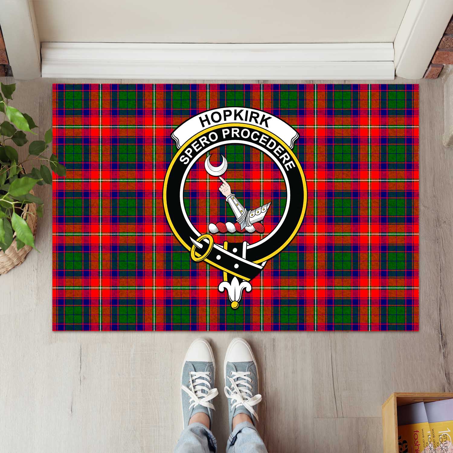 Hopkirk Tartan Door Mat with Family Crest - Tartanvibesclothing