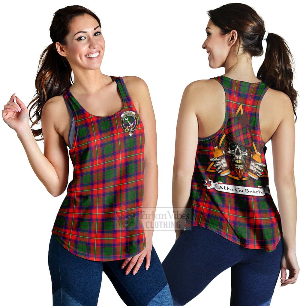 Tartan Vibes Clothing Hopkirk Tartan Women's Racerback Tanks with Family Crest and Bearded Skull Holding Bottles of Whiskey