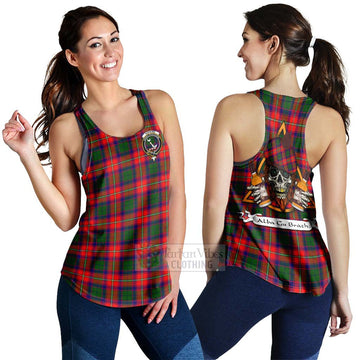 Hopkirk Tartan Women's Racerback Tanks with Family Crest and Bearded Skull Holding Bottles of Whiskey