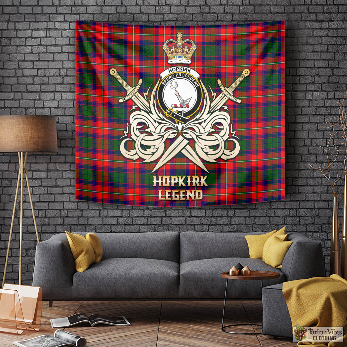 Tartan Vibes Clothing Hopkirk Tartan Tapestry with Clan Crest and the Golden Sword of Courageous Legacy