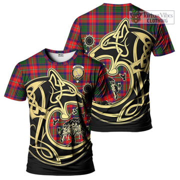 Hopkirk Tartan T-Shirt with Family Crest Celtic Wolf Style