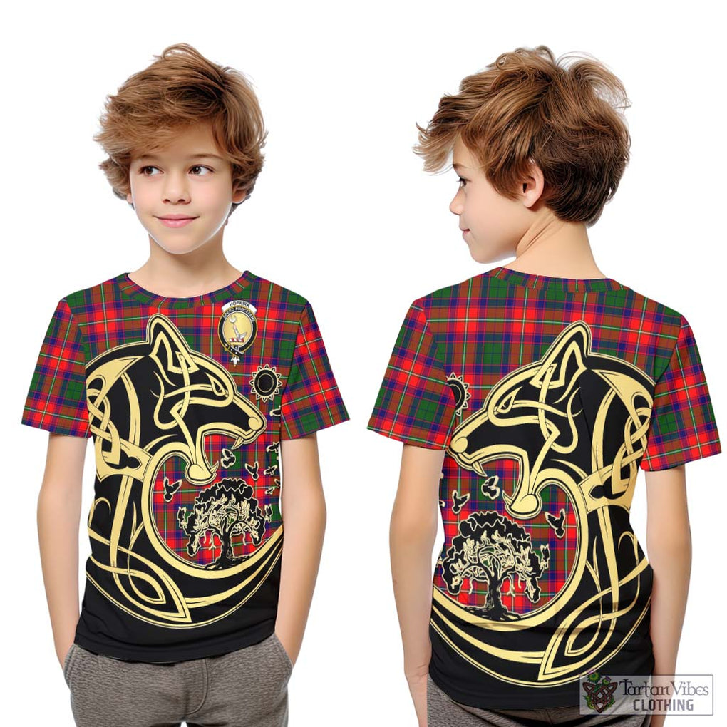 Hopkirk Tartan Kid T-Shirt with Family Crest Celtic Wolf Style Youth XL Size14 - Tartan Vibes Clothing