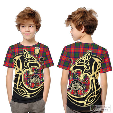 Hopkirk Tartan Kid T-Shirt with Family Crest Celtic Wolf Style